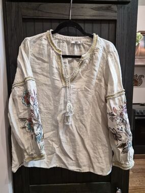 Chico's Cream Embroidered Peasant Tunic with Tassel Tie